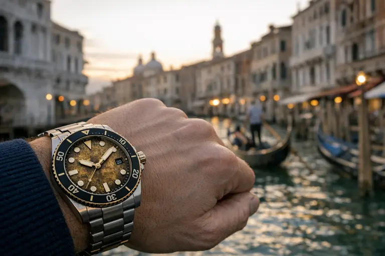 A man wearing a Venezianico Nereide dive watch illustrating the Venezianico Watch Brand.