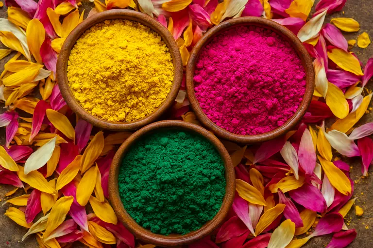 Bowls of natural turmeric yellow and hibiscus red Holi powder next to marigold flowers illustrating Holi Colors Meaning.
