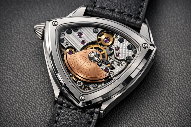 A close-up of the ALTO Watches Art 01 featuring its angular case and reverse seconds hand.