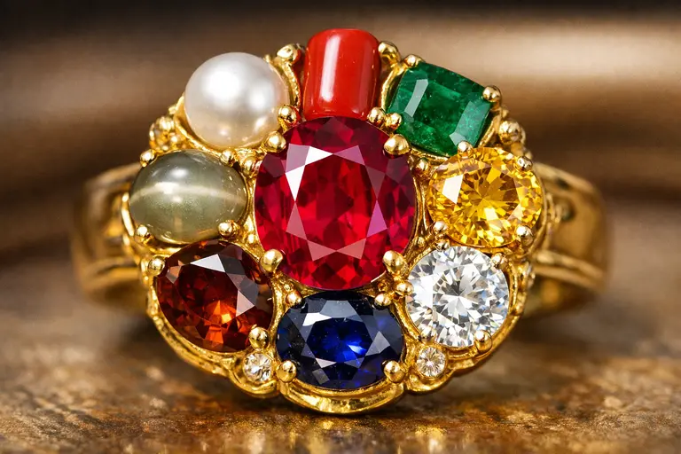 A gold Navratna ring featuring nine gems used when trusting horoscopes and numerology for spiritual guidance.