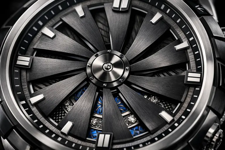 A close-up of a Perrelet Watches Turbine dial showing the spinning blades.