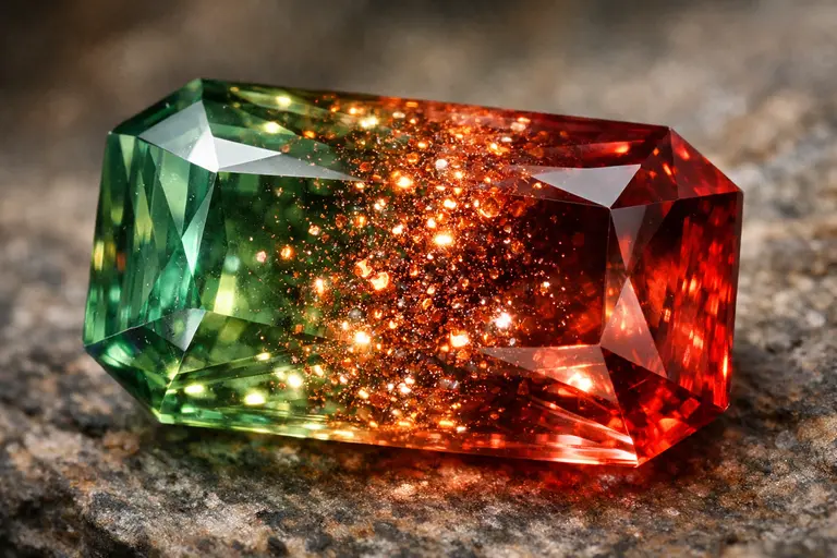 A high-quality faceted red and green Oregon sunstone showing a strong copper schiller effect.