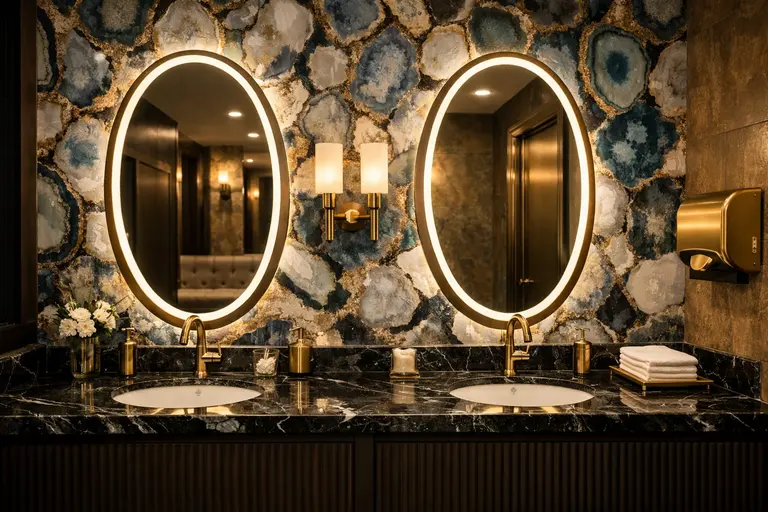 A luxury jewelry store restroom design featuring marble counters and gold accents.