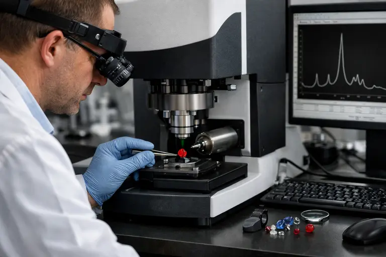 A laboratory setting showing advanced equipment used for Forensic Gemology in India.