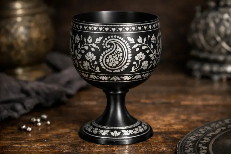A traditional flower vase showcasing Authentic Bidriware Craft with silver floral patterns.