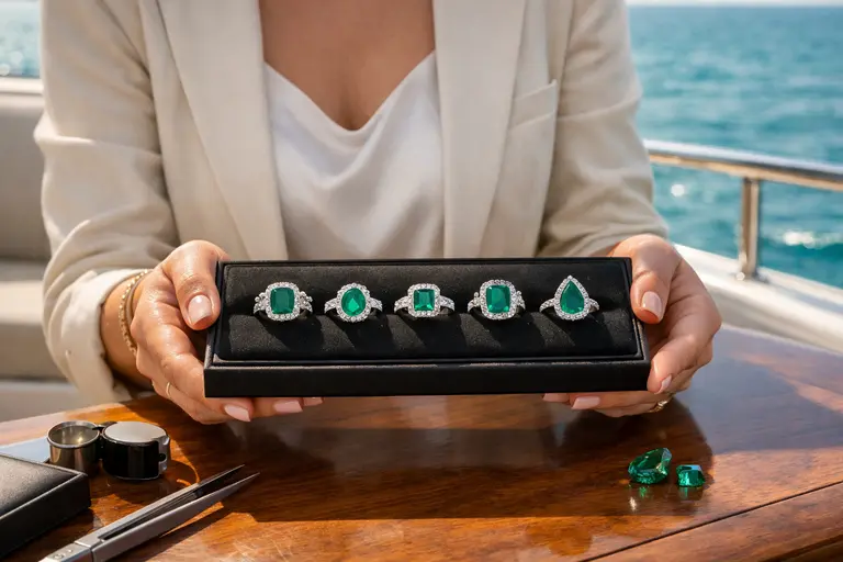 A luxury diamond necklace displayed on a teak table aboard a private vessel, representing the Yacht Jewelry trend.