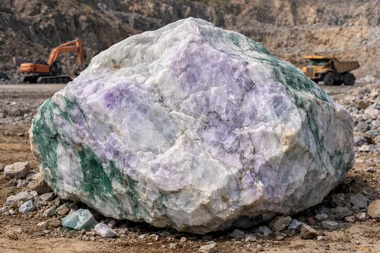 A large block of raw white and lavender jadeite from the Kazakhstan Jadeite Deposit.