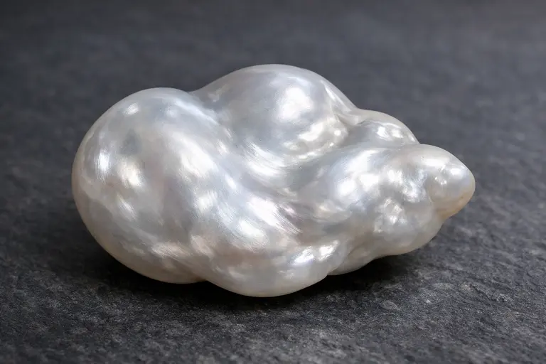 A large, white, baroque-shaped Giant Clam Pearl showing a distinct flame structure.