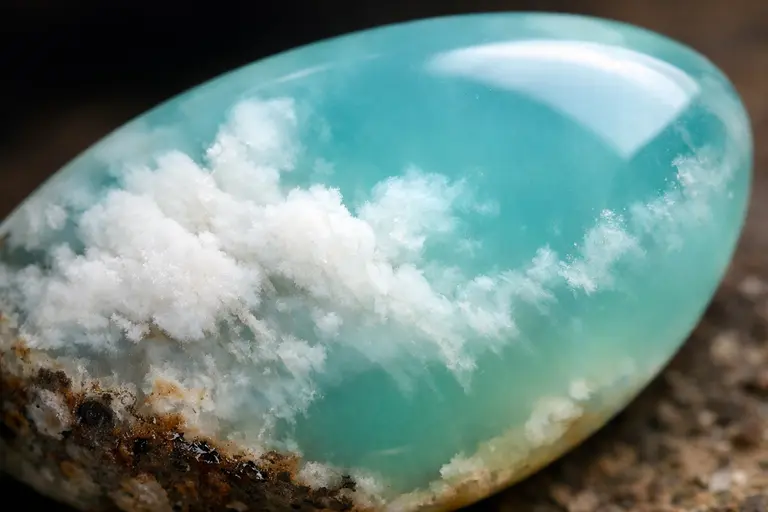 A high-quality cabochon of an Aquaprase Gem showing tropical blue-green colors and soft internal clouds.