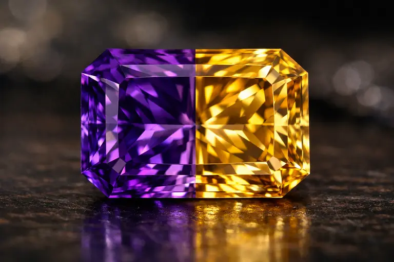A high-quality faceted specimen of Bolivia's Ametrine showing a sharp purple and yellow split.