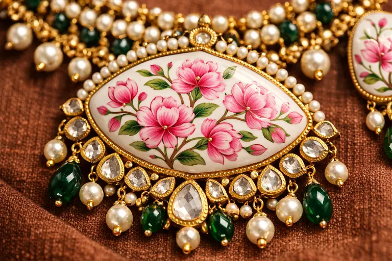 A traditional silver necklace featuring pink Banarasi Gulabi Meenakari enamel work.