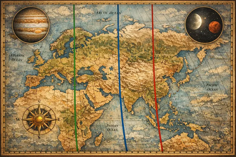 A digital display of Astrocartography Maps featuring various colored planetary lines over a world map.
