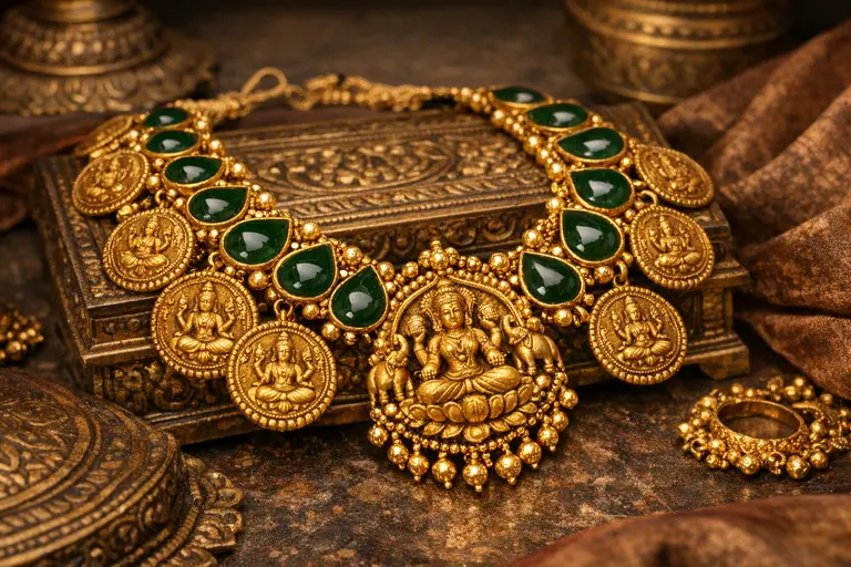 A collection of traditional Ammachi Panapillai Amma Jewelry including a gold Nagapadam and Kasumala.