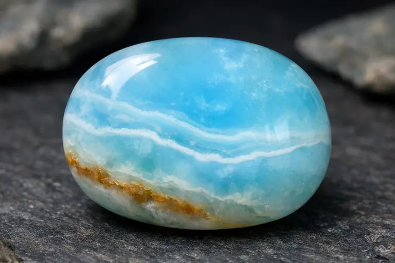 A high-quality polished Chilean blue opal cabochon showing natural blue and white banding.
