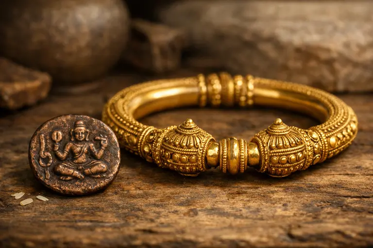 An ancient copper Tamil kaasu coin placed next to a modern gold bangle.