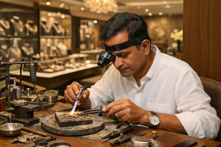 A jeweler working at a bench in an Open Jewelry Workshops setting on a showroom floor.