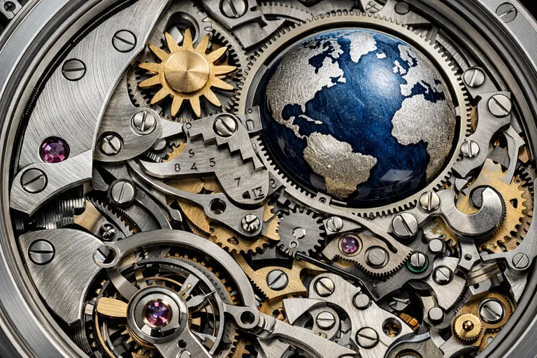 The intricate mechanical movement of Krayon Watches Anywhere model showing the sunrise sunset disk.