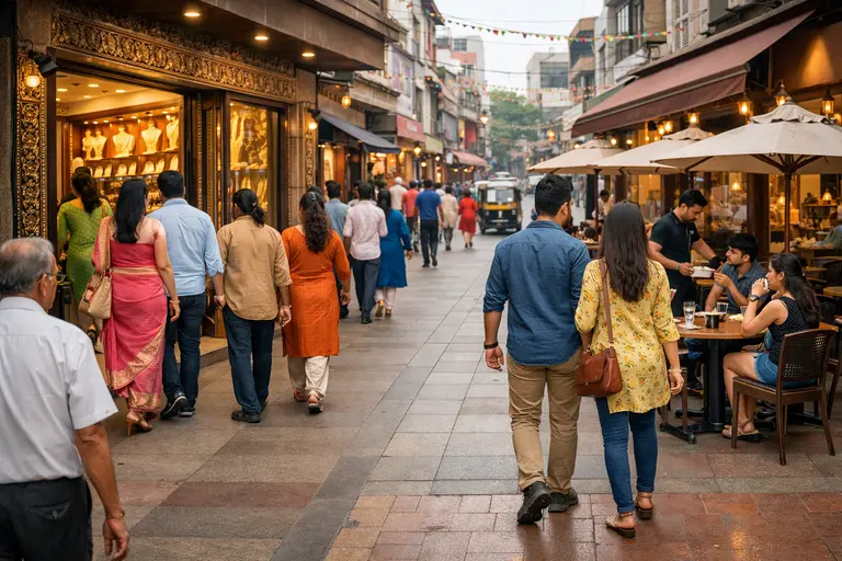 A vibrant walkable street in an Indian neighborhood illustrating the 15-minute city India concept.