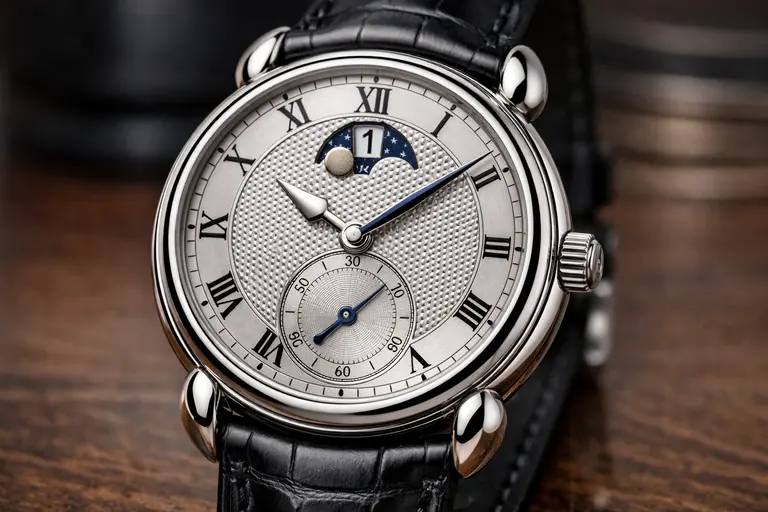 A close-up of an Urban Jürgensen New Era UJ-1 Tourbillon featuring teardrop lugs and a blue hand-turned guilloche dial.