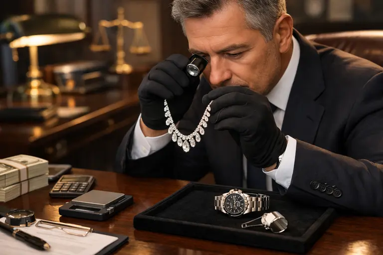A secure vault containing gold jewelry and luxury watches representing India's Luxury Pawn Shops.