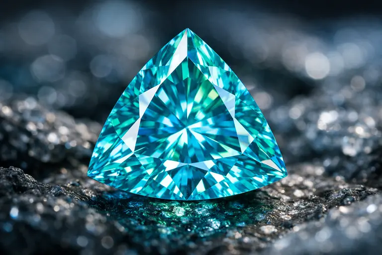 A high-resolution photograph of a vivid triangular-cut Ocean Green Diamonds specimen.