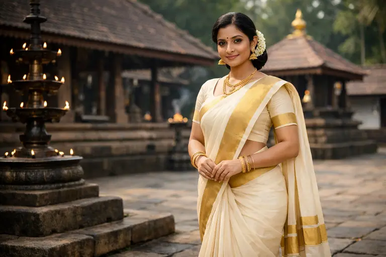 A confident Indian woman wearing a white and gold Kerala Kasavu saree representing Saree Empowerment for Women.