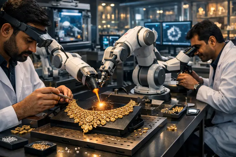 A futuristic vision of India's Jewellery Makers in 2050 showing a robotic arm assisting a traditional artisan.