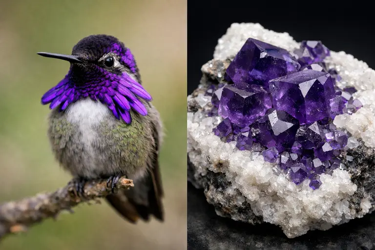 A side-by-side comparison of Purple Fluorite and Costa's Hummingbird displaying identical violet hues.