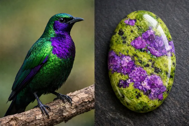 A side-by-side comparison of an emerald starling and atlantisite gemstone showing identical green and purple patterns.