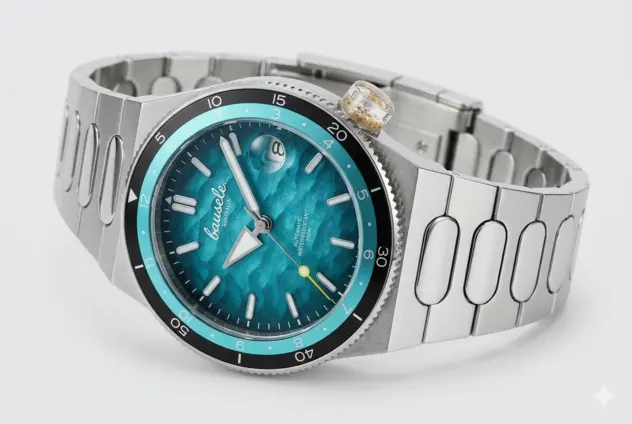 A close-up of a Bausele Elemental watch showcasing the sand-filled crown featured in our Bausele Watches Guide.