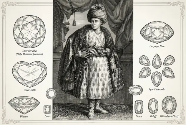 An antique map illustrating the route of Tavernier’s Diamond Trade through 17th-century India.