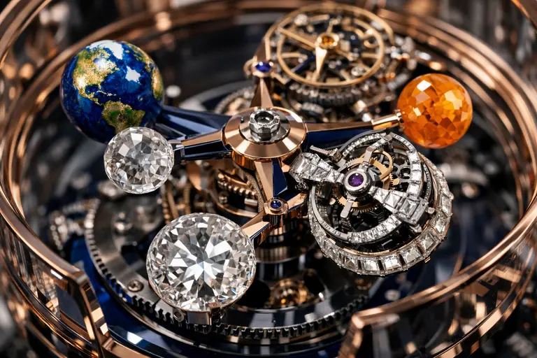 The intricate mechanical movement of a Jacob & Co. Astronomia watch featuring a spinning earth and moon.