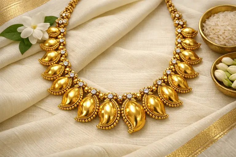 A close-up of Kerala Traditional Jewellery with Diamonds featuring a gold Manga Mala necklace.