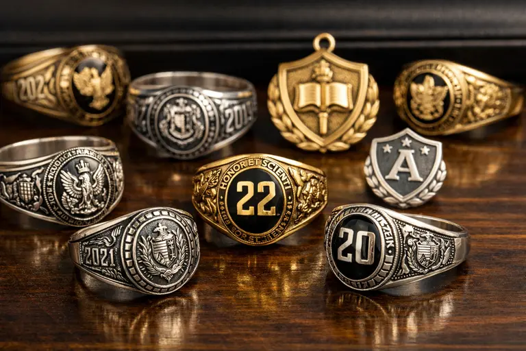 A collection of silver College Jewelry including class rings and school-themed pendants.