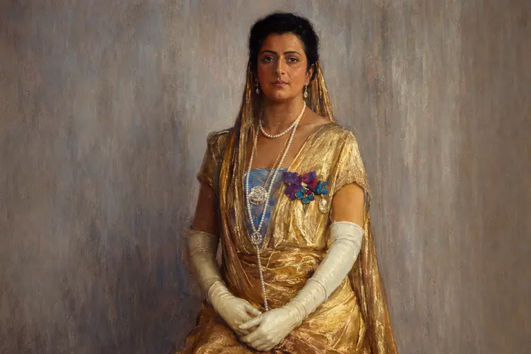 A historical photograph of Lady Meherbai Tata wearing the famous Jubilee Diamond.