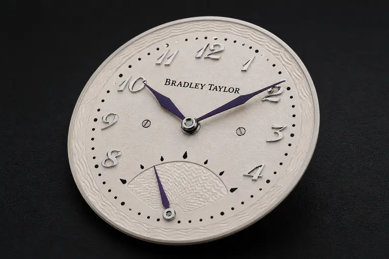 A professional macro shot of the retrograde seconds hand on Bradley Taylor Watches Ardea model.