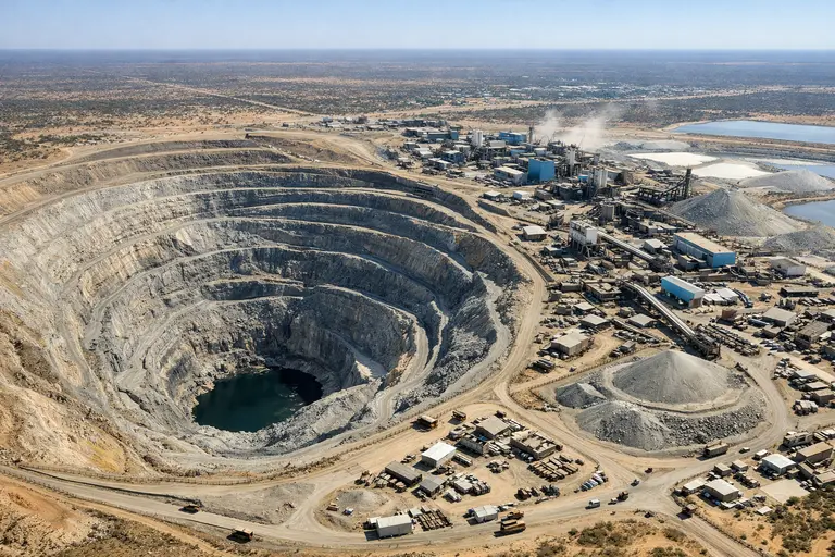 A high-resolution aerial view of the Jwaneng mine illustrating the Debswana Diamond Model at work.
