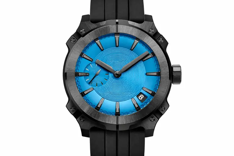 A professional macro shot of a Mauron Musy Watches MU03 Armure timepiece.