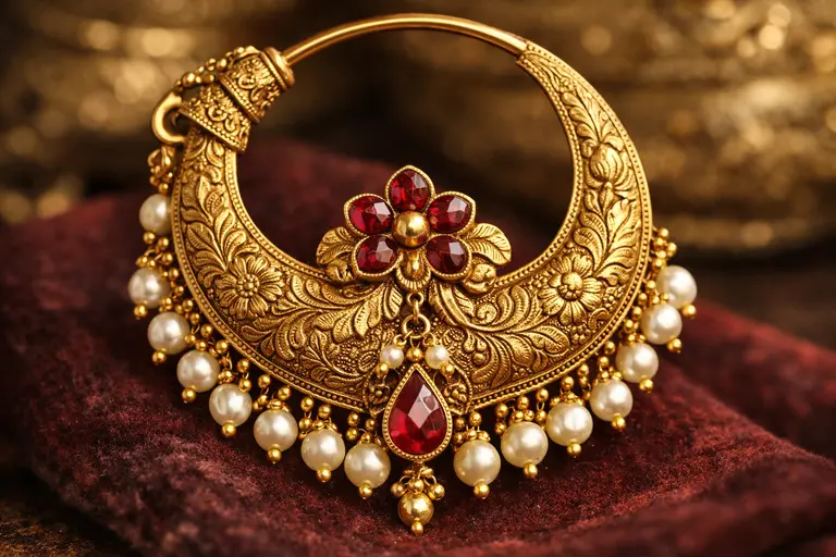 A close-up of a traditional gold Tehri Nath illustrating Uttarakhand Jewellery Traditions.
