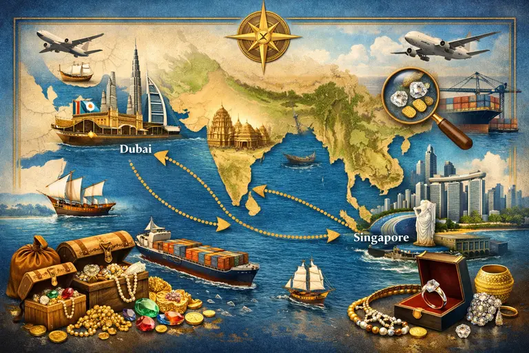 A global map highlighting the Singapore Dubai Jewelry Shift with icons of gold and diamonds.