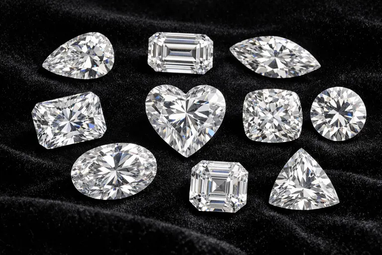 A collection of various pear, oval, and emerald shapes illustrating the Be a Fancy Cut Diamond concept.
