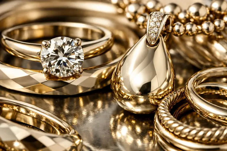 A collection of polished rings made from Modern Electrum Jewelry alloy.