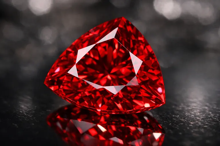 A triangular-cut Fancy Vivid Red diamond illustrating Moussaieff Red Diamond Lessons.