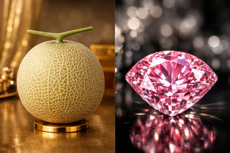A high-quality comparison of a Japanese Yubari King melon and a faceted pink diamond illustrating Luxury Fruit and Gemstone Pricing.