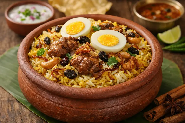 A steaming pot of Authentic Malabar Biriyani topped with fried onions and cashews.
