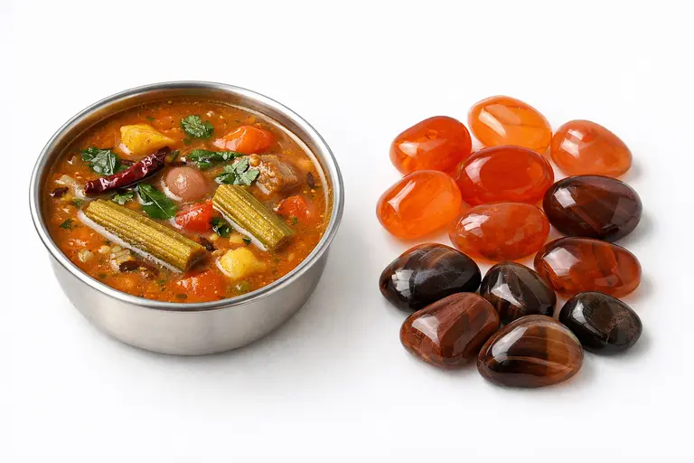 A bowl of reddish-brown South Indian sambar next to a polished carnelian gemstone illustrating Sambar Colour and Gemstones.