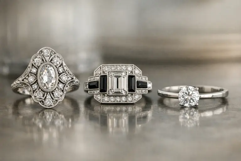 A side-by-side comparison of vintage and modern engagement rings illustrating Diamond Ring Styles by Decade.