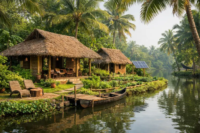 A group of travelers visiting a sustainable village in Kerala as part of Responsible Travel in India.