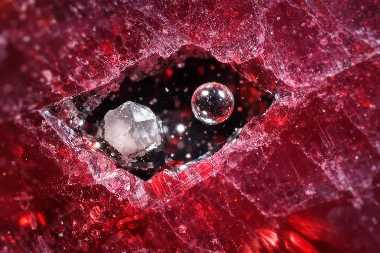 A microscopic view of Three-Phase Ruby Inclusions showing a crystal, liquid, and gas bubble.
