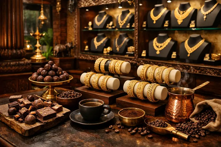 A luxury jewelry display featuring a gourmet chocolate corner, illustrating Kerala Jewellers Chocolate Retail.